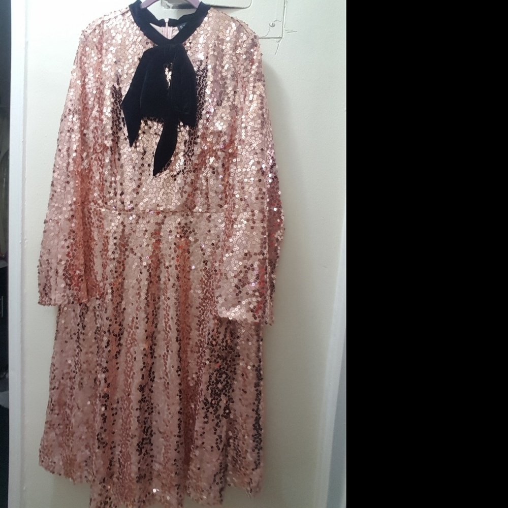 Flare Sleeve Sequin Dress with Velvet Tie